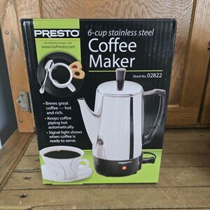Presto Coffee Maker 02822 Stainless Steel 6 Cup Percolator Easy Pour Silver